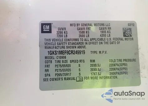 2012 GMC Yukon Xl 1500 Denali z USA, uszkodzony, nr VIN 1GKS1MEF8CR249919